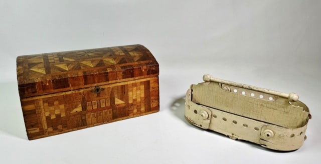 19th C Sailor Made Marquetry Box, Carrier (2pc): 19th C. Sailor Made Marquetry Box and Carrier: (1) Hinge lidded box with detailed marquetry inlay of diverse woods in geometric patterns with compass rose on lid, interior printed paper lined, (1) Ben
