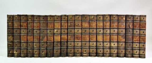 Books, The Works of Washington Irving, 1859 (20pc): "The Works of Washington Irving." New Edition, Revised. 21 Volumes, Lacking Volume XVI (New York: G.P. Putnam, 1859), 8vo, 1/2 leather and marbled boards, raised ribs, gilt titles in red leather title