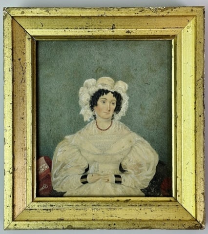 19th C. Hand Painted Miniature Portrait: Circa 1800 Hand Painted Portrait of a Lady. Hand painted watercolor gouache on paper. Seated figure flanked by sewing implements, set in period gilt wooden frame. Excellent condition, frame measures: 