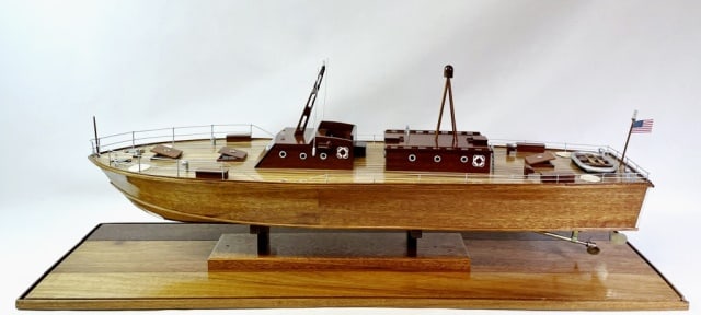 Wooden Ship Model PT 109, W. Eklund: Detailed Hand Built Ship Model of PT 109, Crafted by master modeler, Warren E. Eklund, Brockton Massachusetts. Hand built detailed wooden model of WW2 ship commanded by John F. Kennedy, imagined as a