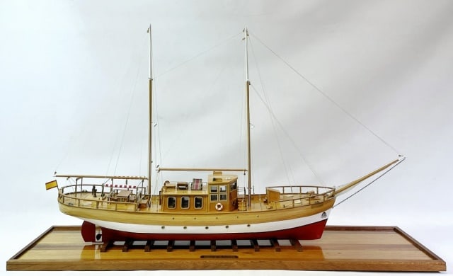 Hand Made Wooden Ship Model, S.S. Trotamares: Detailed Hand Built Ship Model of S.S. Trotamares, Crafted by Warren E. Eklund, Brockton Massachusetts. Hand built detailed wooden model of a motor yacht. Two masted ship with detailed deck plan with