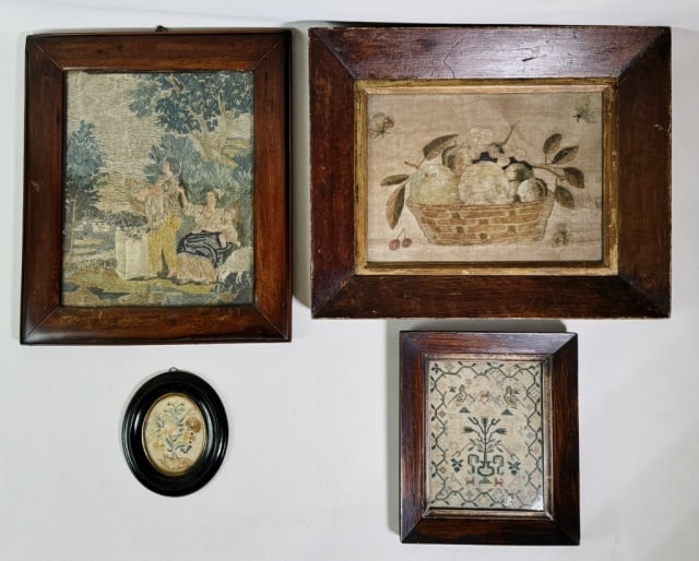 19th C. Framed Decorative Needlework Panels (4pc): Four Late 18th- Early 19th C. Needlework Panels: (1) Panel with two Neoclassical figures with painted paper embellishment, (1) Needlepoint panel of a bowl of fruit, (1) Needlepoint sampler with birds