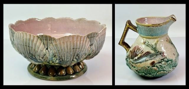 19th C. English Majolica Pitcher, Bowl (2pc): Antique English Majolica Pitcher and Bowl. (1) Bowl with scallop shell decoration, base signed "ETRUSCAN MAJOLICA" with stylized logo, measures: 4.25" H x 8" D. (1) Pitcher with seashell and fish deco