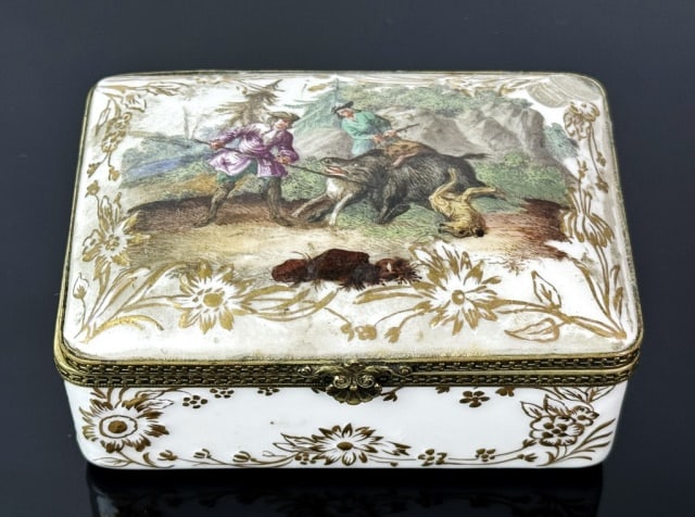 Antique French Gilt Enameled Bronze Trinket Box: Antique French Enameled Trinket Box. Gilt bronze construction with hinged lid decorated with boar hunting scene with gilt embellishment. Interior lid with female portrait in period costume. Good condi
