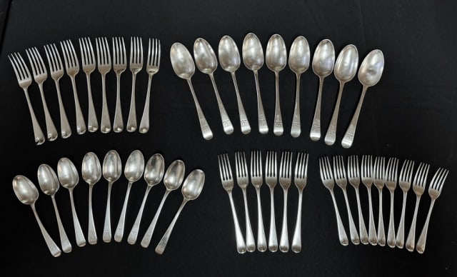 1809 George III Sterling Flatware Ely, Fear (44pc): Forty-four Piece Matching 1809 English George III Sterling Silver Flatware Set. Set bears hallmarks for London, "WE WF WC" maker mark (William Ely, William Fear and William Chawner) and hand chased ba