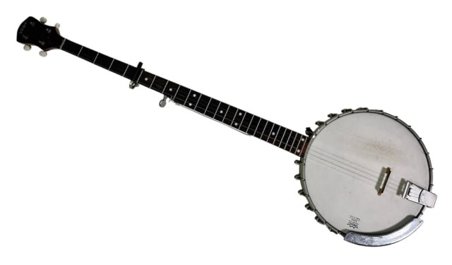 Vintage Long Neck Banjo, Vega Folklore: Vintage Four String Banjo, Signed "VEGA Folklore". Long neck banjo with wood and steel body, with mother of pearl inlayed fret board. Back with label, "THE VEGA CO. BOSTON 15 MASS". with model "Folklo