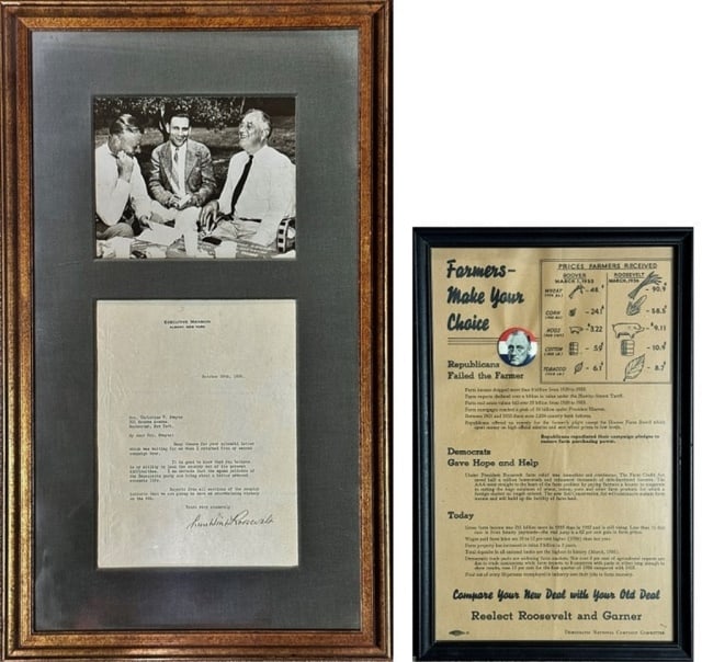 President Franklin D. Roosevelt,TLS, Poster (2pc): President Franklin D. Roosevelt Autograph and Campaign Piece: (1) President Franklin D. Roosevelt, framed and matted TLS sent while Governor of New York, dated "Executive Mansion, Albany, New York, Oc