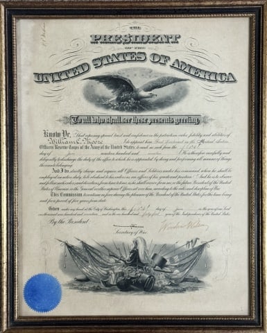 President Woodrow Wilson Signed Commission, 1917: Framed Commission dated June 1, 1917 appointing "William C. Moore" as a "First Lieutenant in the Medical Section" to rank from the "1st Day of June 1917" signed by President Woodrow Wilson and Secreta