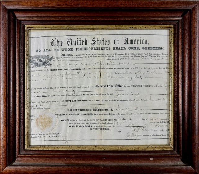 President Franklin Pierce, Signed Land Document: Framed Bounty Land Document granted to "William Howard, Private in Captain Young's Company, Ohio Militia, War of 1812" for land in "North West Quarter of the East Quarter, of Section Thirty Two, in To