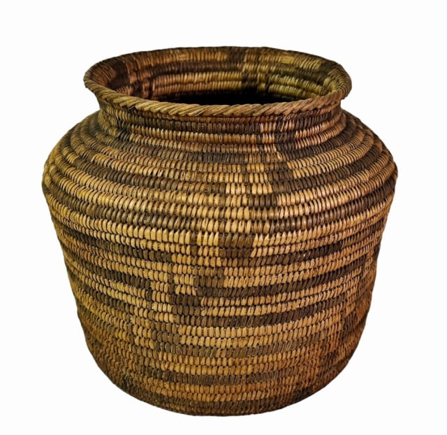 Antique Pima American Indian Woven Basket: Early 20th C. Pima American Indian Woven Coil Basket. Hand crafted of willow an devil's claw with repeating geometric pattern and braided edge at mouth. Excellent condition, tight with rich age patina