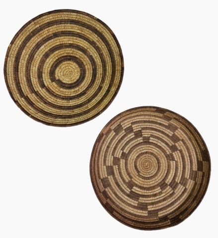 Antique Southwest American Indian Baskets (2pc): Two Early 20th C. Southwest American Indian Woven Coil Trays. Hand crafted of willow and devil's claw with repeating geometric patterns and braided edge at rim. Excellent condition, tight with rich ag