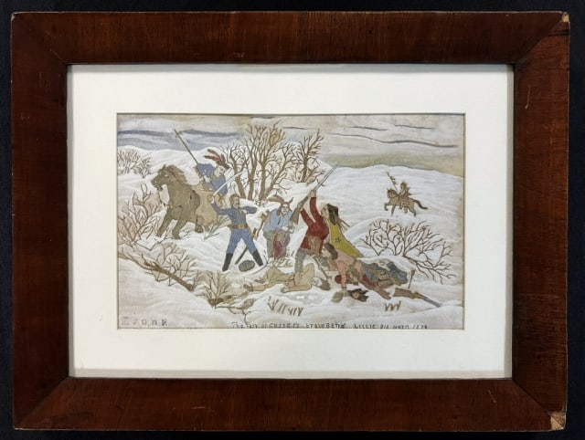 19th C. Painting of Custer's Last Stand, Leon R.: 19th C. Mixed Media Watercolor, pastel on paper titled "The Last of Custer's Brave Band Little big horn 1876" Painting depicts Custer engaged in combat with Indians, Signed lower left "LEON R". Painti