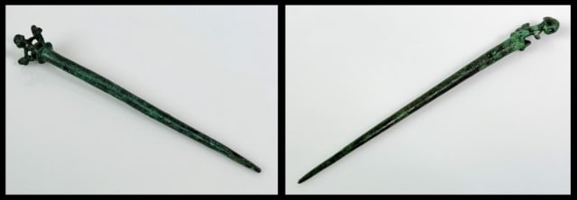 Pre Columbian Incan Figural Bronze Hair Pins (2pc): Two Pre Columbian Incan Bronze Figural Hair Pins: (1) Pin with crown form head of four children holding hands, (1) Pin with figural rabbit form head. Good condition with heavy verdigris, larger measur