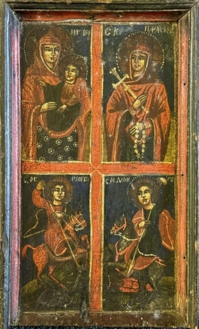 Antique Romanian Orthodox Christian Icon: 18th C. 19th C. Romanian Orthodox Christian Icon. Lime wood panel with surfaces decorated with egg tempura paint depicting Madonna and Christ with three images of Saints in quadrants. Good condition w