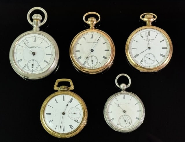 Collection, Antique Pocket Watches, Waltham (5pc): Collection of Five Antique Pocket Watches, American Watch Co: (1) Waltham M1883 No. 25 Open faces top winding 15J movement, 18s, (1) Waltham M1875 Riverside, open face top winding 7J movement, 14S, (1