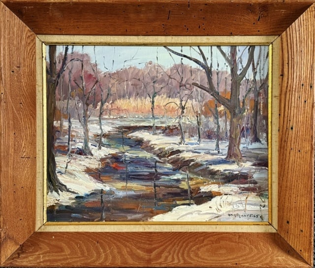 Oil on Canvas Painting, Signed, Hartranft '65: Oil on Canvas Painting, Signed "Hartranft '65", (Joseph Hartranft, American, 1890-1982). Scene of a winding river in a Winter landscape. Painting in good condition, set in period wooden frame measurin