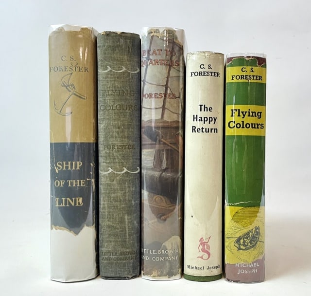 Books, C.S. Forester, Horatio Hornblower 1st (5pc): Collection of Five Books: (1) "The Happy Return" (London: Michael Joseph LTD, 1937), 12mo, cloth with dj, 287pp. 1st edition of this first novel in the Horatio Hornblower series; (1) "Beat To Quarters