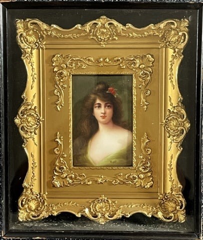 19th C German KPM Porcelain Plaque, Signed Wagner: 19th C. German Hand Painted Porcelain Plaque, KPM, Signed "Wagner". Neoclassical style portrait of a woman with flower in her hair. Period moulded gilt wooden frame, set in outer glazed wooden frame.