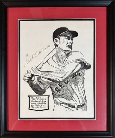 Sketch, Red Sox Legend Ted Williams, Signed, 1962: Framed and Matted Sketch of Ted Williams drawn for the 50th Anniversary of Fenway Park in 1962, captioned "Greatest all time player in the 50 year history of Fenway Park", boldly signed by Williams. F
