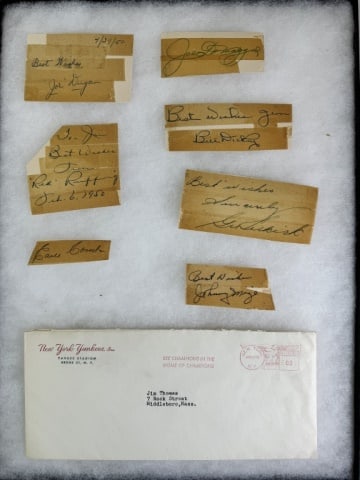 Autographs, New York Yankees, 1950-51 (8pc): Collection of 7 autographs of New York Yankee players gathered in 1950-1951 by Jim Thomas, a student at Middleboro, MA High School, Class of 1953: (1) Joe DiMaggio; (1) Bill Dickey; (1) "Red" Ruffing;