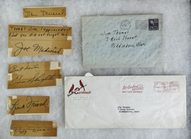 Autographs, St. Louis Cardinals HOF Players (7pc): Autographs from 5 Hall of Fame members of the St. Louis Cardinals gathered by Jim Thomas, a student at Middleboro, MA High School--Class of 1953: (1) Stan Musial; (2) Joe Medwick, with sentiment print
