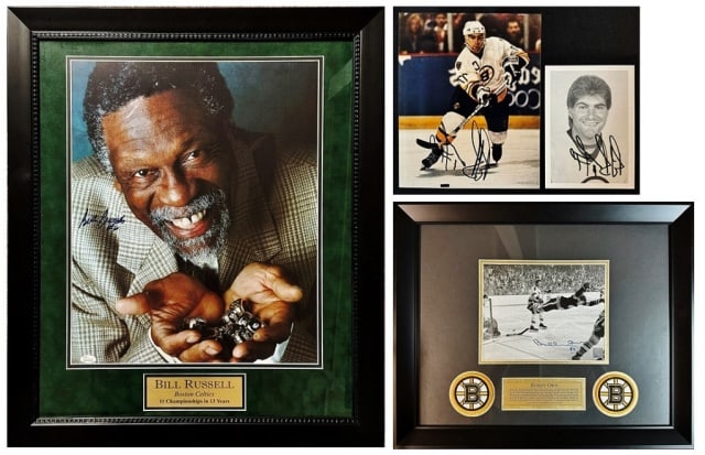 Boston Sports Legends Russell, Orr, Bourque (4pc): Boston Sports Legends Bill Russell, Bobby Orr, Ray Bourque: (1) Framed color photo, signed, of Boston Celtics Hall of Fame legend Bill Russell. Framed, matted under glass, measures 27.25" H x 23.25" W