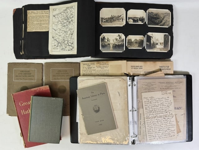 WW1 Lafayette Escadrille, Alice Weeks Coll (14pc): Books and scrapbooks collected by Allen Weeks of New Bedford, MA--son of Alice Standish Tabor Weeks (1862-1940), founder and matron in 1915 of "The Home Service for American Soldiers Abroad" in Paris.