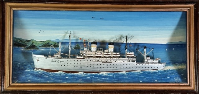 Ship Model Diorama, USNS General H.J. Gaffey: Handmade model in frame under glass of the USNS General H.J. Gaffey. Originally named the USS Admiral W.L. Capps, the Gaffey, an Admiral W.S. Benson Class Troop Transport, was a decorated veteran of W