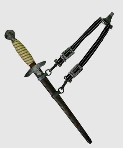 WW2 Luftwaffe Officer Dagger, WMW Waffen: World War Two German Luftwaffe Officer Dagger, Signed "WMW WAFFEN". Steel blade with stylized eagle guard and simulated ivory celluloid grip. Steel scabbard with bullion cloth hangers. Good condition