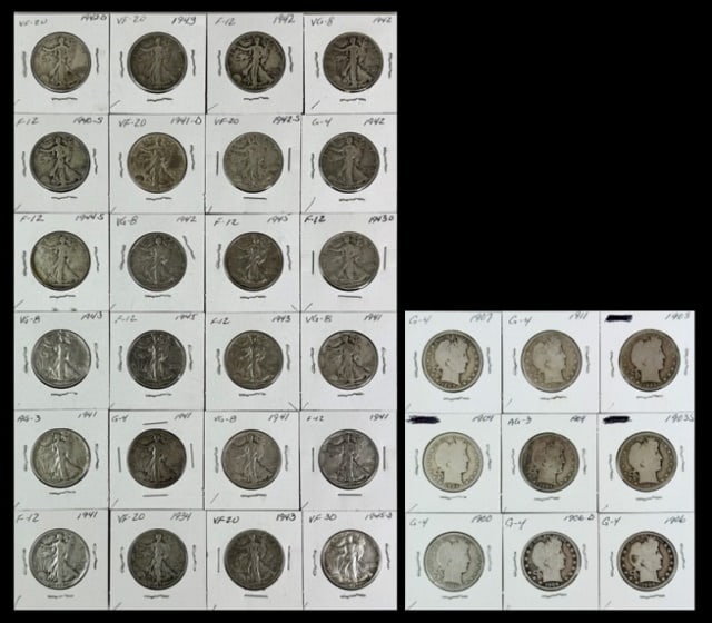Barber, Walking Liberty Half Dollars (33pc): Collection of Thirty-three U.S. Barber and Walking Liberty Half Dollars. Collection with mixed dates and mint marks, grades AG-VF, (9) Barber Half Dollars, (24) Walking Liberty Half Dollars.