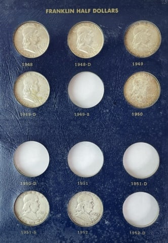 1948-1963 Franklin Half Dollars F-BU (19pc): Collection of Nineteen U.S. Silver Franklin Half Dollars: 1948, 1948 D, 1949, 1949 D, 1950, 1951 S, 1952, 1953 D, 1954, 1954 D, 1954 S, 1955, 1960 D, 1961, 1961 D, 1962, 1962 D 1963, 1963 D. Coins hou