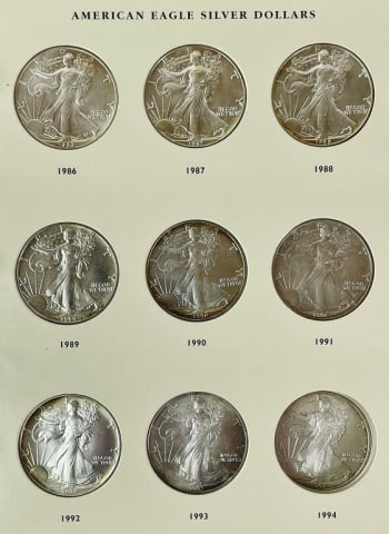 1986-2011 Silver American Eagles, BU (22pc): Collection of Twenty-two BU U.S. Silver American Eagles, 1986-2011. Nearly complete, missing: (1994, 1995, 1997, 1998, 2000.)