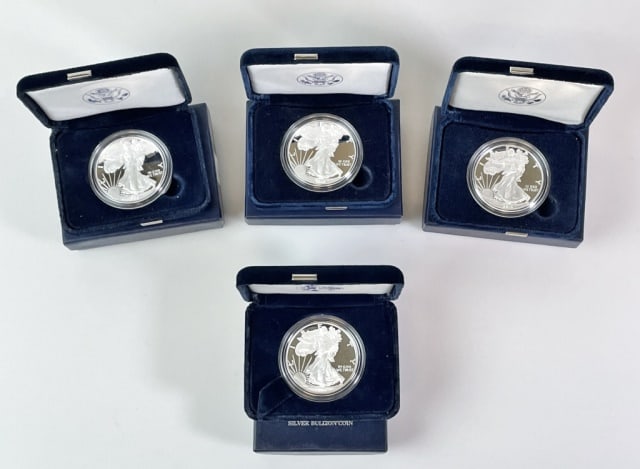 Collection Silver American Eagle Proof Coins (4pc): Collection of Four American Silver Eagle Proof Coins with Packaging and COA's: 2006, 2007, 2008, 2010