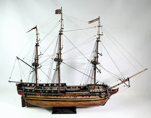Antique Hand Made Ship Model, British Privateer: Antique Scratch Built Wooden Ship Model of the British Privateer "Melampus 1785". Detailed model with multi-deck construction with cannon. Detailed rigging with carved wooden blocks and tackle, accomp