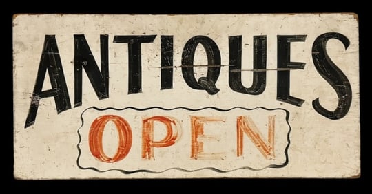 Antique Hand Painted Wooden Sign "ANTIQUES OPEN"