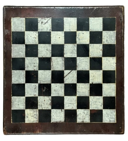 Antique Hand Painted Wooden Game Board: 19th C. Hand Painted Wooden Game Board. Single board with three color hand painted checkerboard. Good condition with wear, measures: 20" H x 19" W.