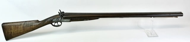 1850's 12 Gauge Shotgun, JS Trowdridge, Boston: 1850's Antique 12 Gauge Percussion Double Barrel Shotgun, Signed "J.S. TROWDRIDGE & CO, BOSTON". Double hammer percussion action with 12 gauge double barrel, side plates with hand chased foliate decor
