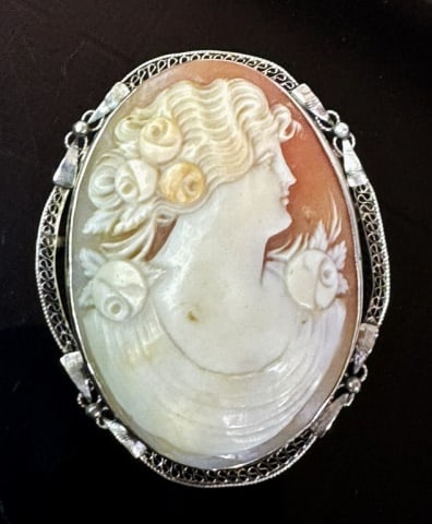 Antique 14K Gold Neoclassical Carved Shell Cameo: Large Antique Neoclassical Carved Shell Cameo in 14K Gold Setting. Shell cameo with detailed female bust in profile set into 14K white gold filigree setting. Measures: 2" H x 1.6" W, Assembled weight: