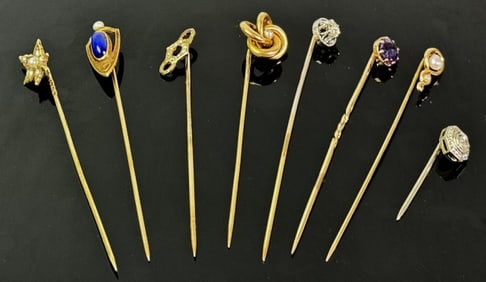 Antique 14K Gold Gemstone Stickpins, (8pc)