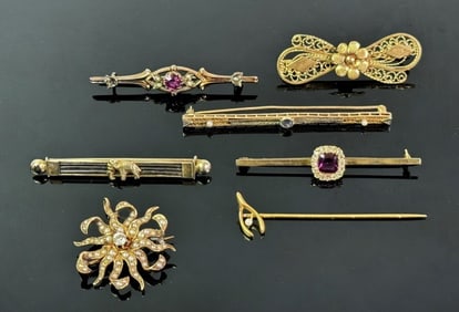 Antique 9K - 14K Gold Gemstone Pins (7pc)