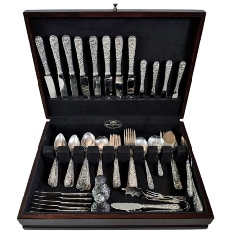 Sterling Silver Flatware Set, Kirk Repousse (61pc): Sixty-one Piece Sterling Silver Flatware Set, Kirk & Son, Repousse Pattern. Service for six, seven piece setting with many extras: (9) Teaspoons, (6) Dinner spoons, (2) Soup spoons, (6) Dinner Forks, 