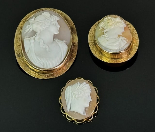 19th C 14K Gold Neoclassical Shell Cameos (3pc): Collection of Four 14K Gold Italian, Neoclassical Carved Shell Cameos. Excellent Condition, largest measures: 2.25" H.
