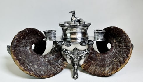 Antique Rams Horn, Sheffield Plate Pipe Stand