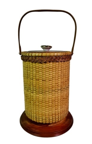 Vintage Nantucket Basket Wine Cooler, Spychalski: Vintage Hand Woven Nantucket Basket Wine Cooler, Signed "D & B Spychalski". Woven lidded cylindrical body with painted porcelain pull, oak base signed, "Querencia Nantucket Is. Ma Delores & Ben Spycha