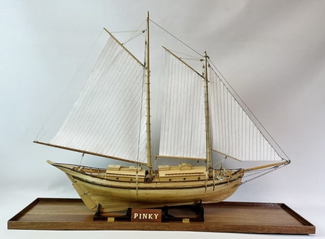 Wooden Ship Model, S.S. Pinky, Warren Eklund: Detailed Hand Built Ship Model S.S. Pinky, Crafted by master modeler Warren E. Eklund, Brockton Massachusetts. Hand built detailed wooden model of a two masted gaff rigged schooner with detailed deck