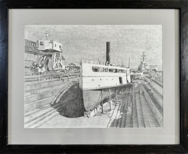 Graphite on Paper S.S. Nobska, Tom Macy, Nantucket: Graphite on Paper Drawing, Signed "T. Macy 2001" (Tom Macy) Detailed drawing of the Massachusetts Steamship Authority Ship "Nobska" while at dry dock. The Nobska was the last steam driven ship in the 