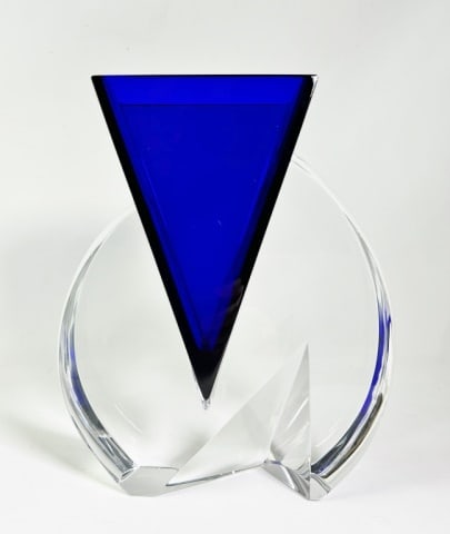 Modernist French Crystal Vase, Baccarat: Vintage Modernist Two-piece French Crystal Vase, Signed "BACCARAT FRANCE". Clear crystal base with cut out fitting cobalt crystal piece. Good condition, small flake at apex, measures: 9.75" H x 8.5" W