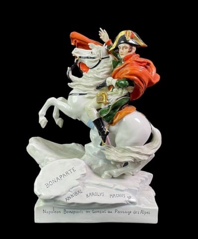 German Porcelain Napoleon Figure, Scheibe Alsbach: Antique German Porcelain Figure of Napoleon. Hand painted porcelain figure of Napoleon on horseback crossing the Alps, (after painting by Jacques Louis David). Base signed "GERMANY" with Scheibe-Alsba