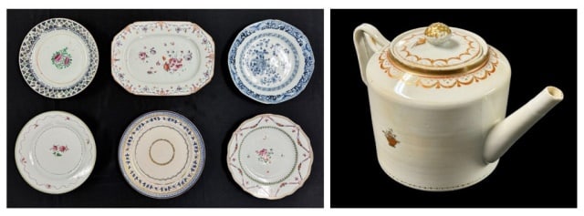 19th C. Chinese Export Porcelain (7pc): Collection of Seven 19th C. Chinese Export Porcelain Pieces: (4) plates in varying form with diverse hand painted floral and geometric decoration. (1) Platter with hand painted floral and swag decorat