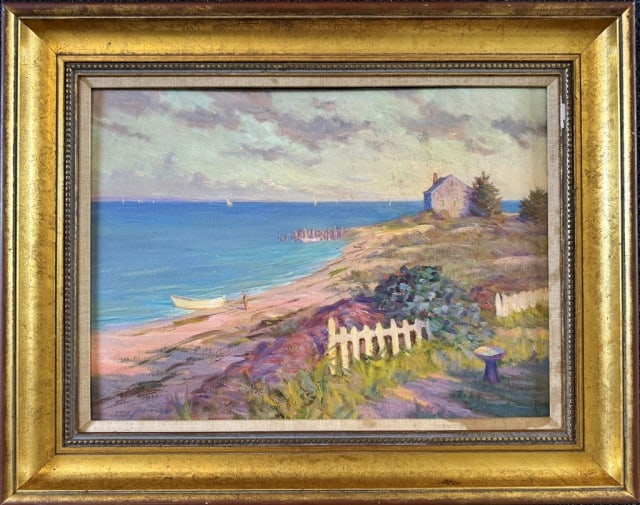 Oil on Board Painting, Ernest Principato: Oil on Board Painting, Signed "E. Principato" (Ernest G. Principato, American b. 1945) Titled "Coastal Calm". Excellent condition, set in moulded gilt wooden frame, measures: 22.5" H x 28.5" W, 15.5" 